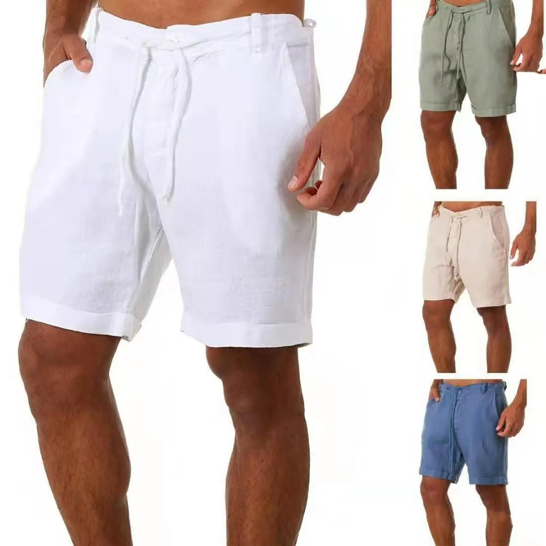 Men's Cotton Linen Shorts Pants Male Summer Breathable Solid Color Linen Trousers Fitness Streetwear