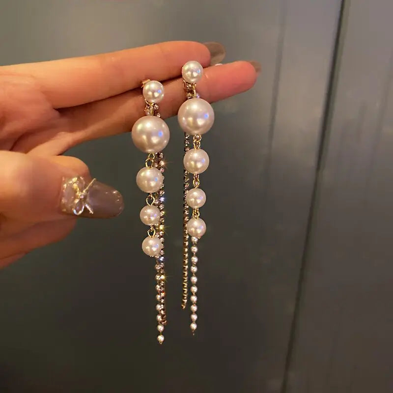 Classic Elegant Imitation Pearl Dangle Earrings For Women Crystal Long Tassel Exquisite Drop Earring Wedding Jewelry-Dollar Bargains Online Shopping Australia