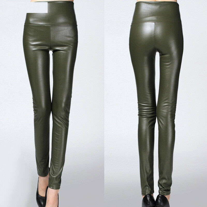 Thicken Winter PU Leather women pants high waist elastic fleece stretch Slim woman pencil pants skinny trousers 25 colors