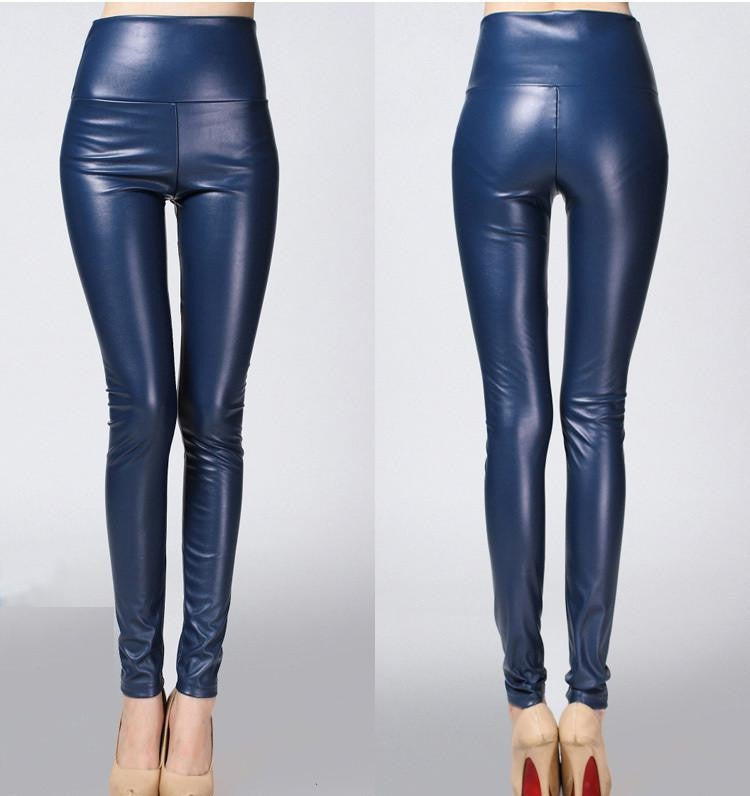 Thicken Winter PU Leather women pants high waist elastic fleece stretch Slim woman pencil pants skinny trousers 25 colors