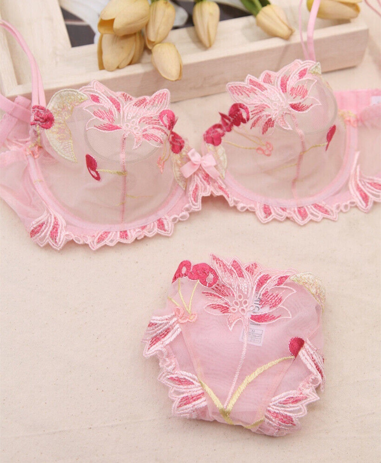 Cherry embroidery lace bra briefs set sexy push up underwear bra set women lingerie bra and panty set intimates