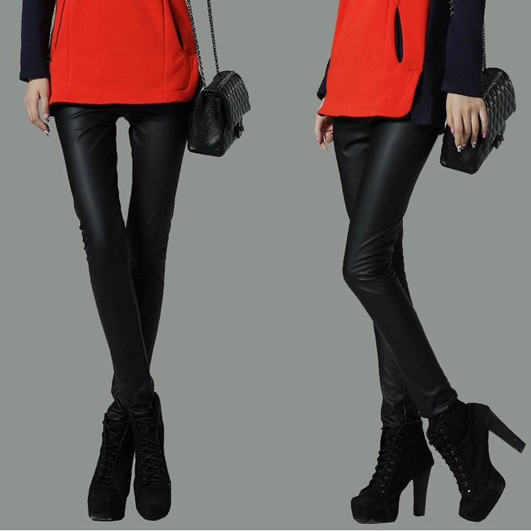 Thicken Winter PU Leather women pants high waist elastic fleece stretch Slim woman pencil pants skinny trousers 25 colors