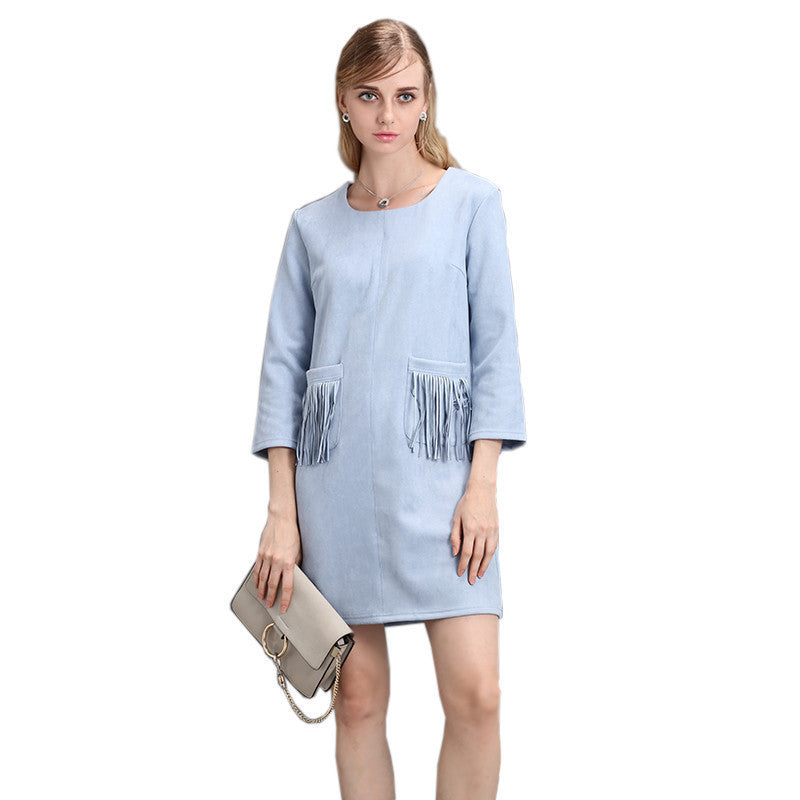 Online discount shop Australia - autumn winter new women's pocket tassels fringed pink black khaki blue faux suede dress long sleeve