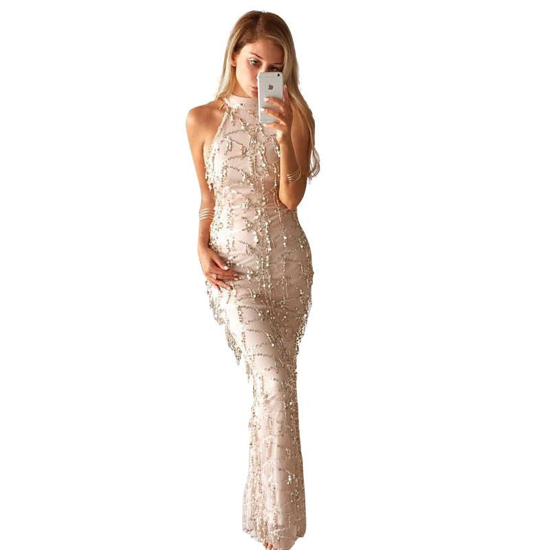 Online discount shop Australia - Glamaker Sexy high neck sleeveless summer dress new women fashion sequin dress Elegant party long dress vestidos de fiesta