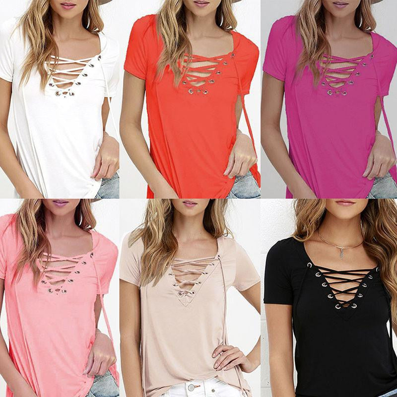 Fashion Women V Neck Loose Pullover T Shirt Short Sleeve Tops