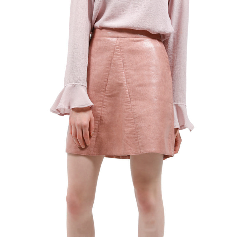 PU faux leather women skirt pink yellow black back zipper