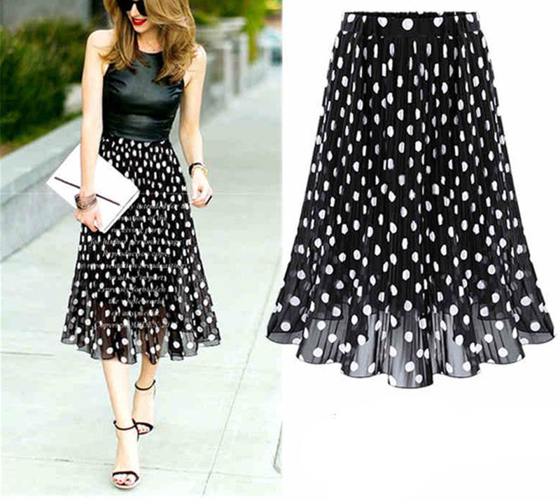 Online discount shop Australia - Chiffon polka dot skirt female black dots in the long waisted pleated skirt beach A