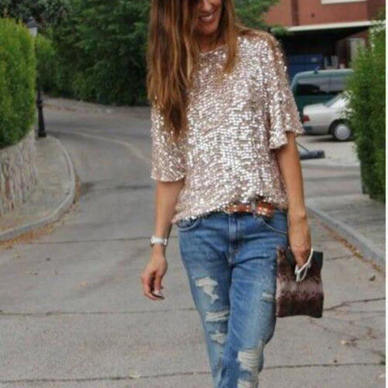 Women Fashion Shiny Causal Sequin Top Tank Three Quarter Sleeve Blouse