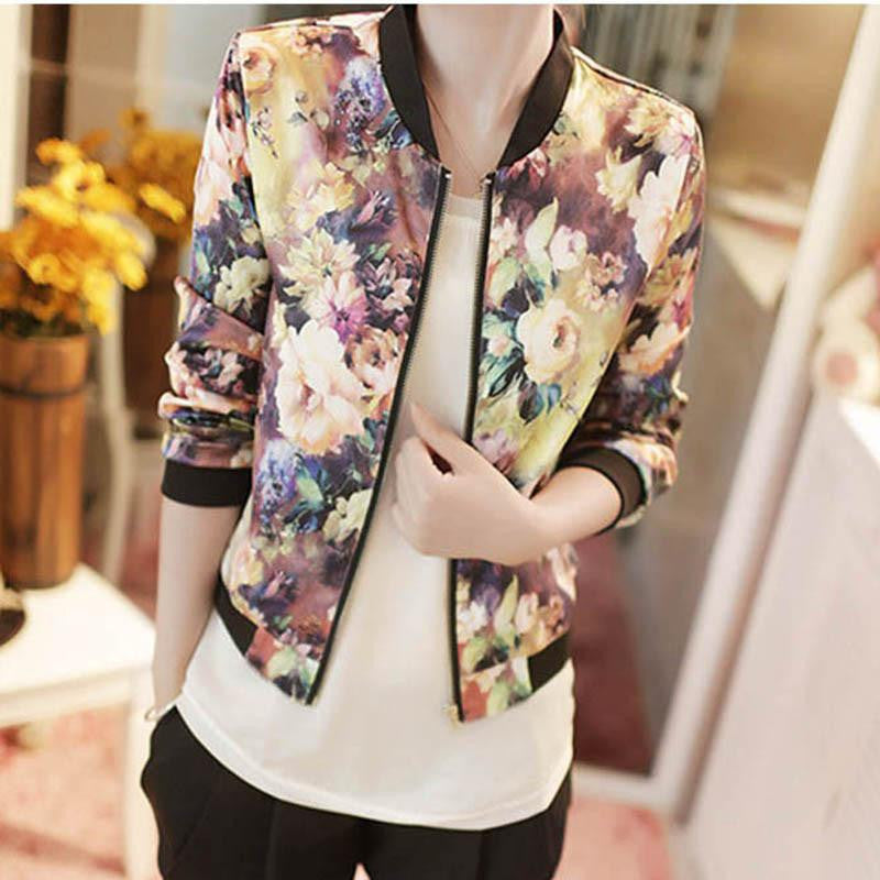 Women Jackets Short Tops Long Sleeve Floral Print Coat Vintage Women Clothing Bomber Jacket