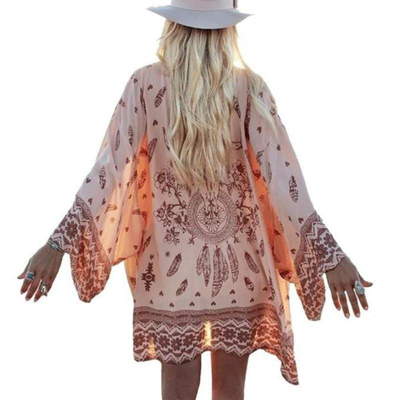 Women Chiffon Blouse Beach Boho Cardigan Floral Printed Long Sleeve Casual Loose Long Beach Cover up