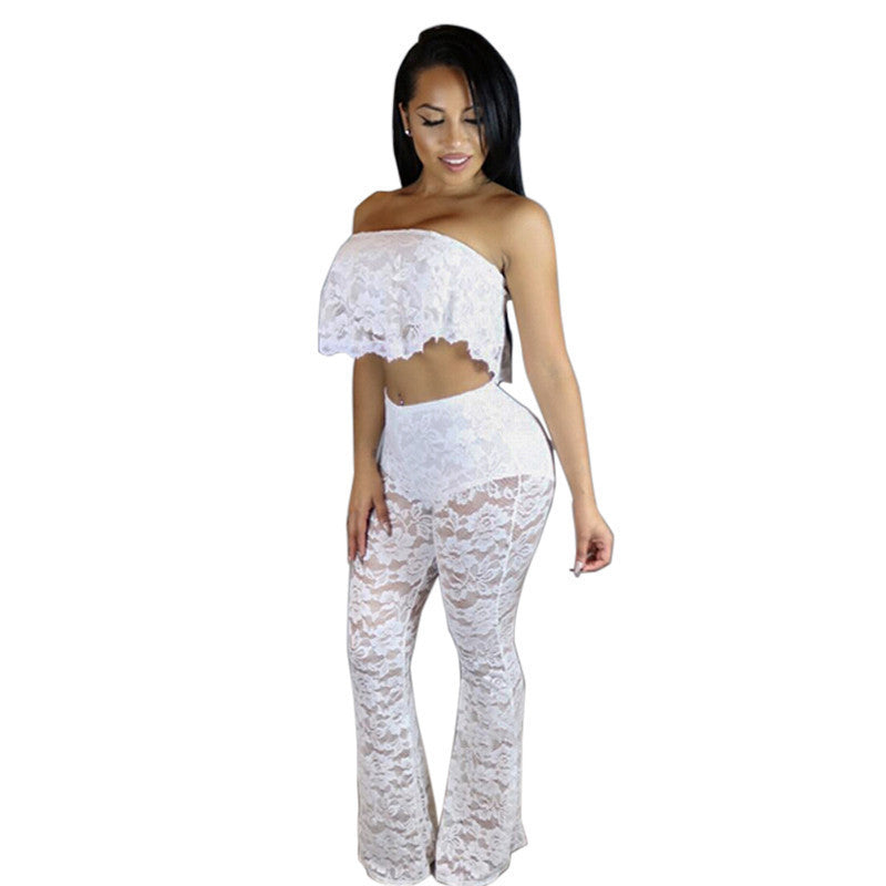 Lace Bodysuit Women Transparent Mesh Embroidery Bodysuit crop top Jumpsuit Club two pieces jumpsuit