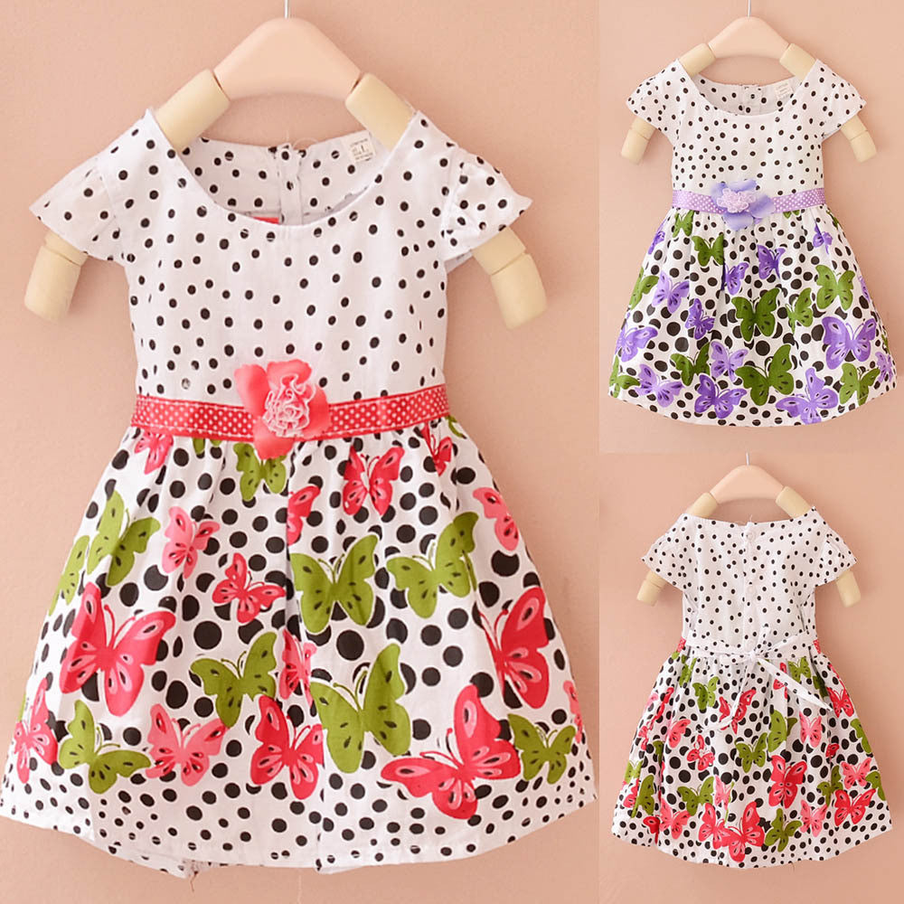 Online discount shop Australia - Baby Girls Kids Short Sleeve Dress Polka Dots Butterfly Princess One-piece Dresses New