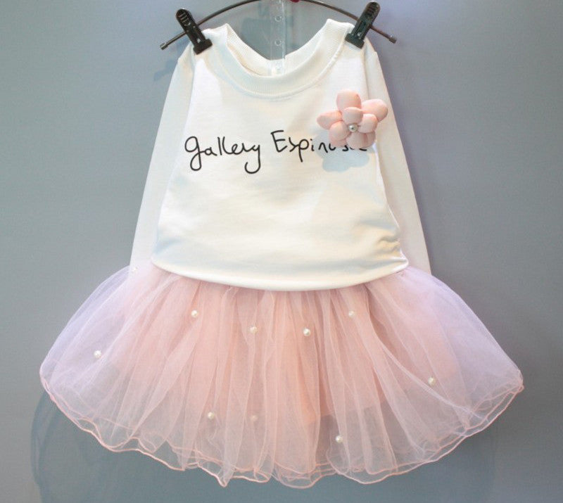 Online discount shop Australia - Girls Dresses New lovely girls white tee shirt and pink dress with rhinestone clothes set kids autmn children clothing set