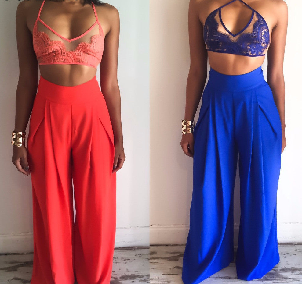 Online discount shop Australia - Fashion lace top 2 Pieces Jumpsuit Sexy Long pants Strapless Crop Tops High Waist Wide Leg Pants Rompers Red/blue