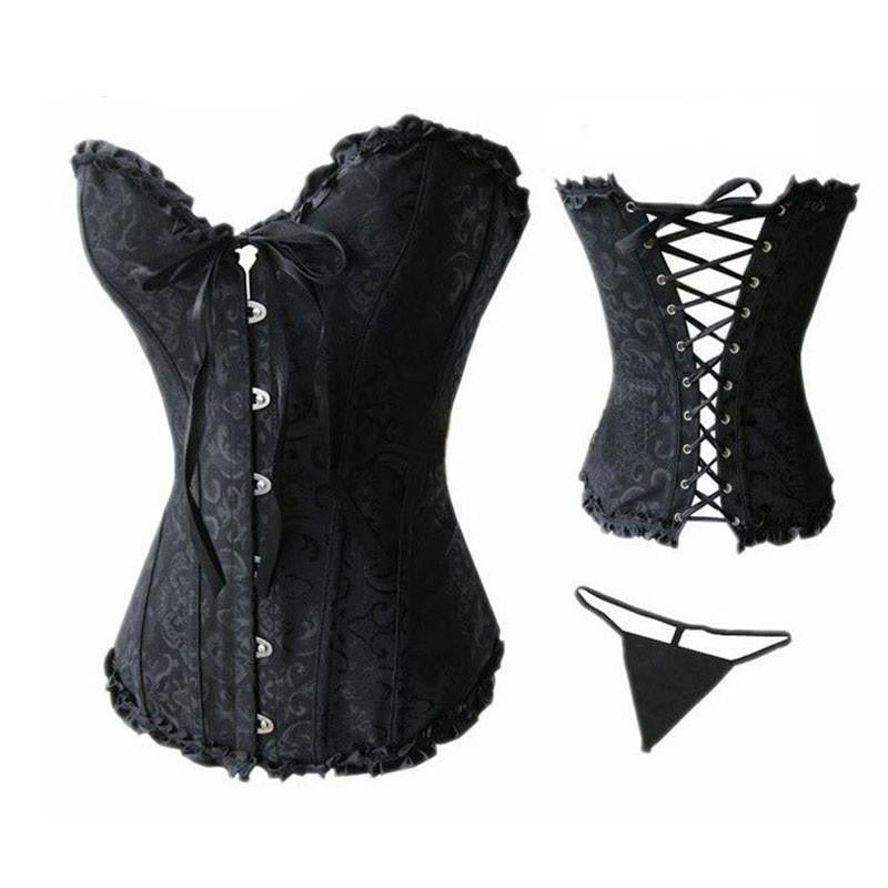 Women Lace up Ribbon Lingerie Bustiers Black Embroidered Satin Overbust Corset + Thong Bustiers Corcelet Plus Size S-6XL