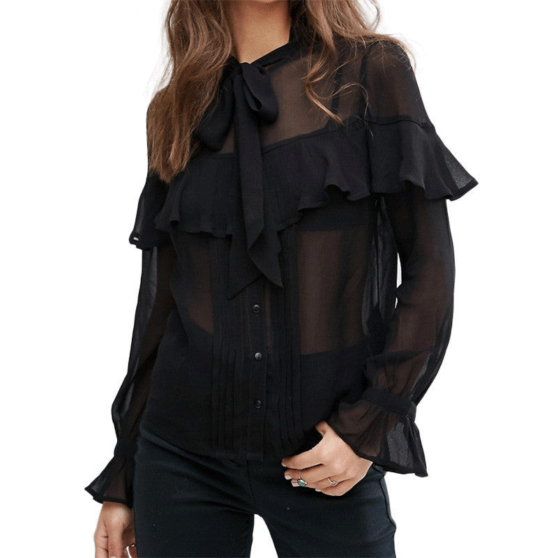 Online discount shop Australia - Black Sheer Lace Chiffon Shirt Solid Butterfly Sleeve Blouse Sexy Single Breasted Women Tops