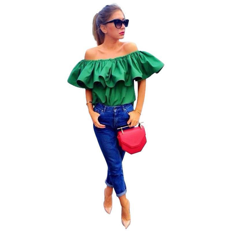 off shoulder women blouse shirt crop tops slash neck ruffle party tees Girls beach tube top