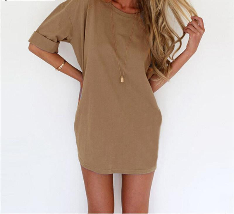 Women Dress Casual Loose Ladies Short Sleeve Solid Mini Dresses Vestidos Plus Size S-4XL