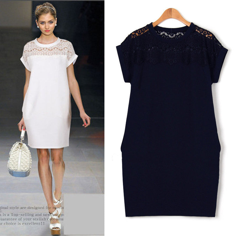 Summer Women's Dress Ladies Short Sleeve Lace Hollow Out Black White Blue One-piece Dress Plus size XL-5XL Famale vestidos
