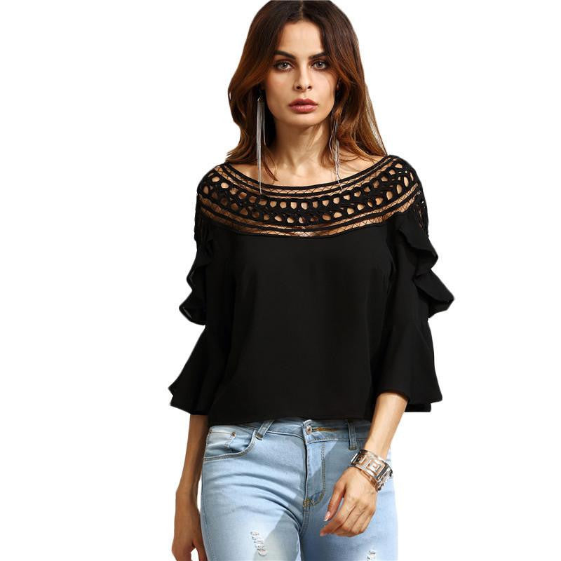Sheinside Black Shirt Crochet Neck Hollow Out Fare Top Female Fall Blouses Three Quarter Length