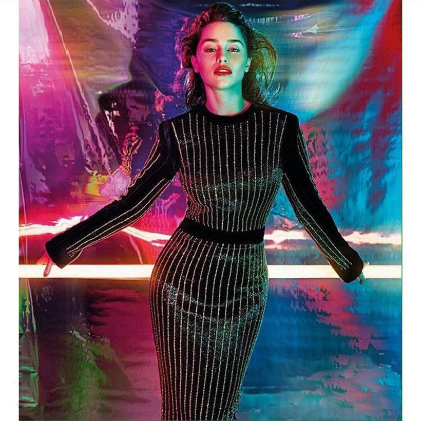 est Fashion Runway Dress Women's Long Sleeve Luxury Diamonds Beading Stretch Bodycon Dress Size S-XXL