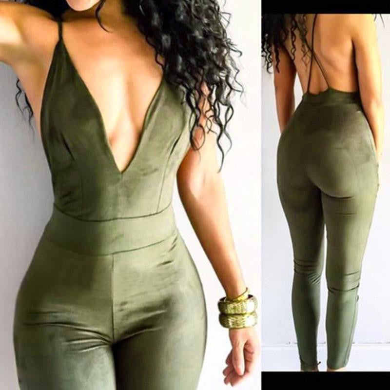 Women Sleeveless Deep V-neck Pants Playsuit Bodysuit Backless Strap Jumpsuits Romper