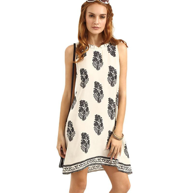 Woman Summer Dresses Ladies Casual Multicolor Round Neck Sleeveless Print Short Vintage Shift Dress