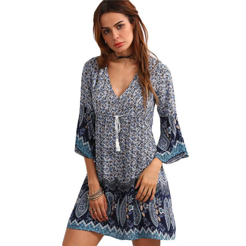 SheIn Woman Summer Dresses Double V-Neck Three Quarter Length Flare Sleeve Multicolor Paisley Print Vintage Dress
