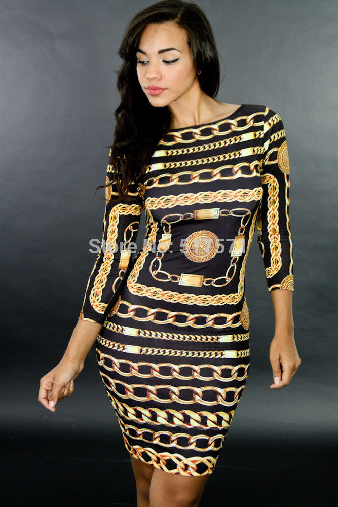Online discount shop Australia - Dress Retro Chains Printed Vestidos Celebrity Brand Sexy Club Bandage Party Dress