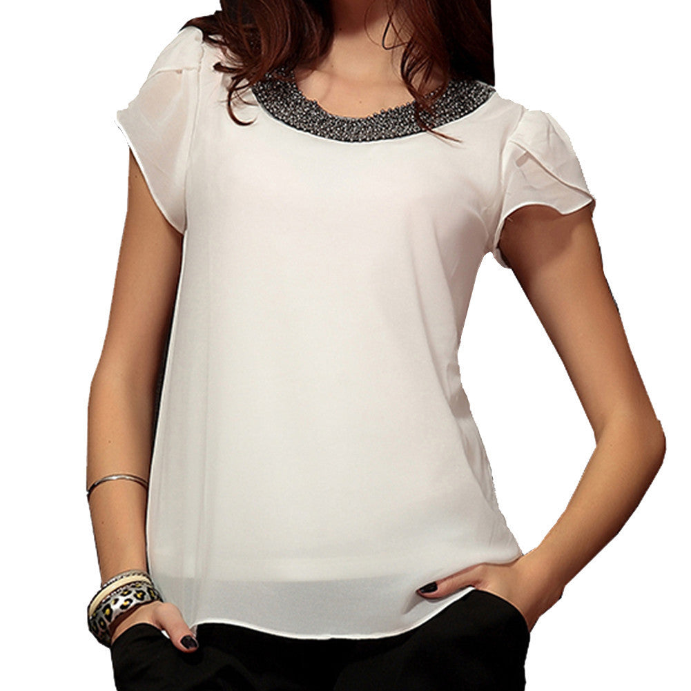 Online discount shop Australia - Fashion Chiffon Women tops sleeve shirt women casual blouse beading elegant blouse brief loose tops