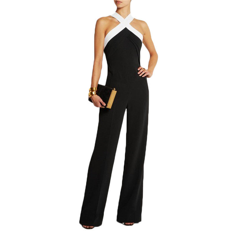 Online discount shop Australia - jumpsuits for women Playsuit overall Black white stitching women's sexy slim Halter Full Length pants coveralls Rompers