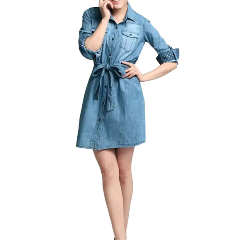 Online discount shop Australia - Dress Long Sleeve Single Breasted Women's Double Pocket Slim Waist Lacing Belted Denim Dress