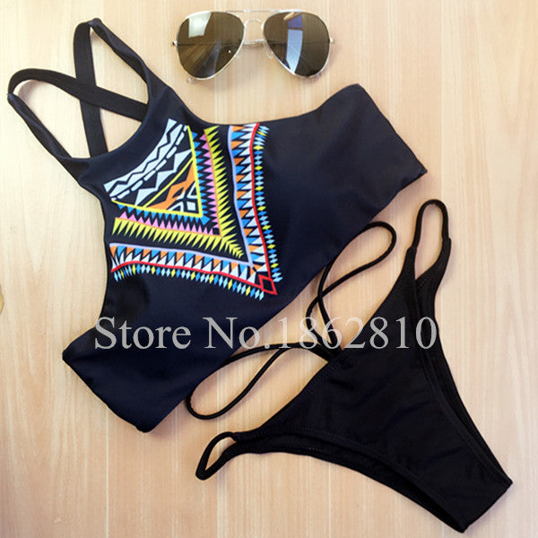 Women Bikinis High Neck Push up Bikini Set Geometry Black Swimwear Slim Print Swimsuit Biquini Brazil Beach - CelebritystyleFashion.com.au online clothing shop australia