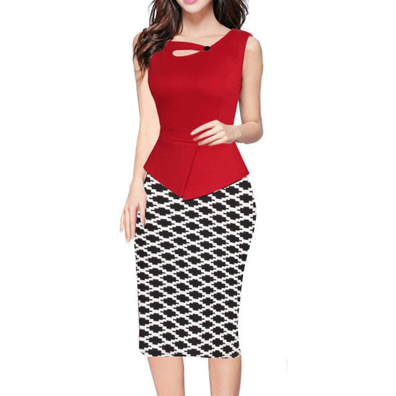 Online discount shop Australia - Alglam Doll One-Piece Women Print Patchwork Pencil Dress Knee-Length Slim Sheath Bodycon Office Ladies Work S-XXL Vestido Dress