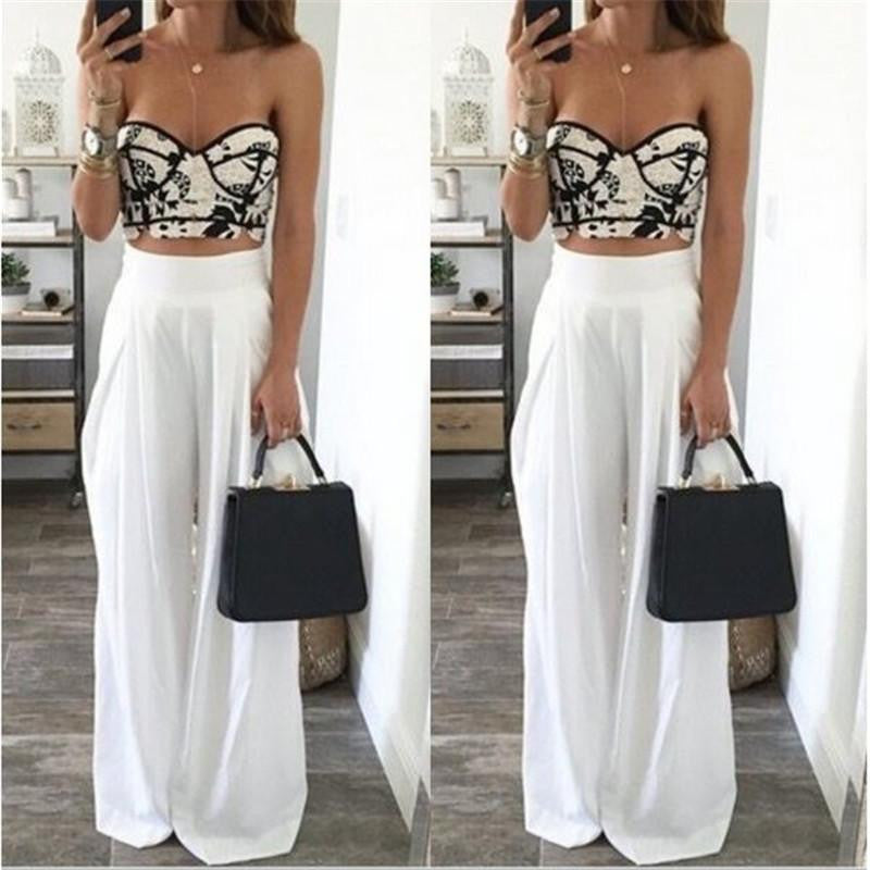 Womens High Waist Side Zipper Chiffon Long Wide Leg Pants Casual Beach Party Harem Loose Trousers
