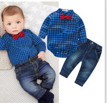 baby boys clothing set plaid rompers with bowtie + demin pants fashion baby boy clothes newborn baby clothes - CelebritystyleFashion.com.au online clothing shop australia