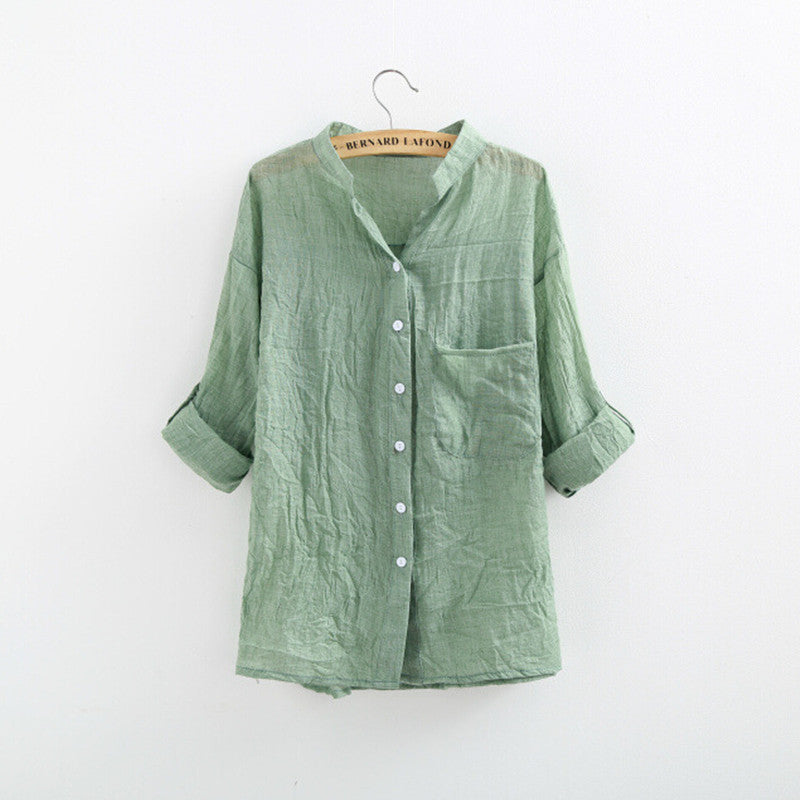 Online discount shop Australia - Linen Three Quarter Sleeve Hollow Out Solid Girl Shirts Loosen Work Office Casual Blouse Shirt Women Vintage