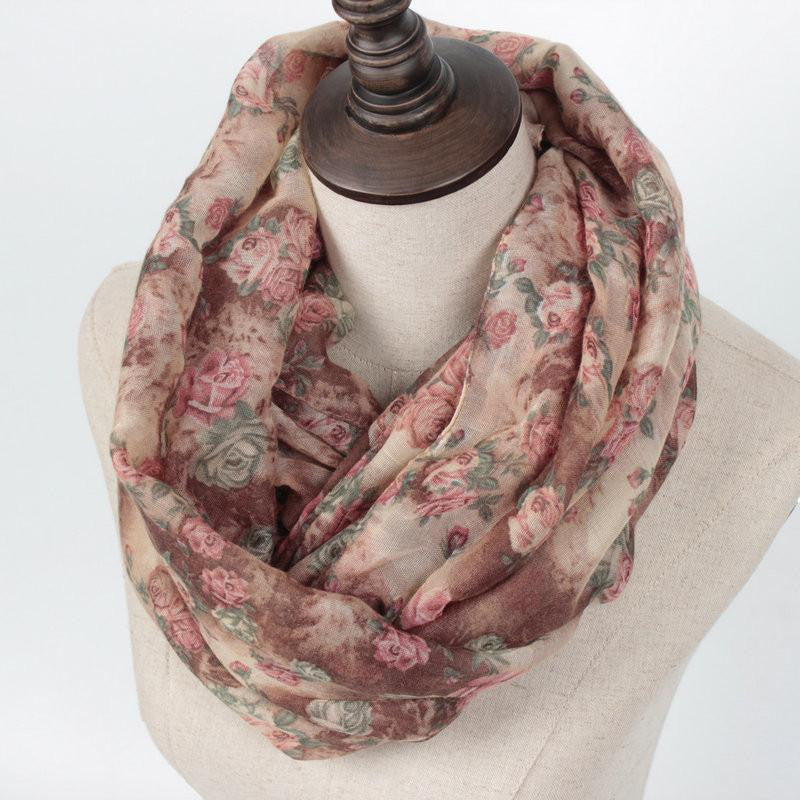 Warm Women Flower Loop Scarf Female Small Rose Print Chevron Ring Scarves Plants Infinity Shawl Wrap