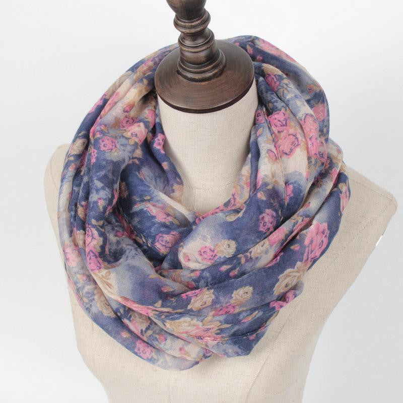Warm Women Flower Loop Scarf Female Small Rose Print Chevron Ring Scarves Plants Infinity Shawl Wrap