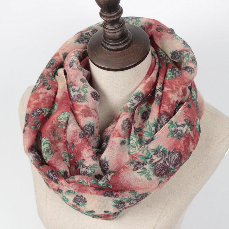 Warm Women Flower Loop Scarf Female Small Rose Print Chevron Ring Scarves Plants Infinity Shawl Wrap
