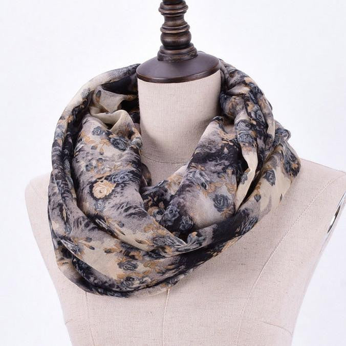 Warm Women Flower Loop Scarf Female Small Rose Print Chevron Ring Scarves Plants Infinity Shawl Wrap