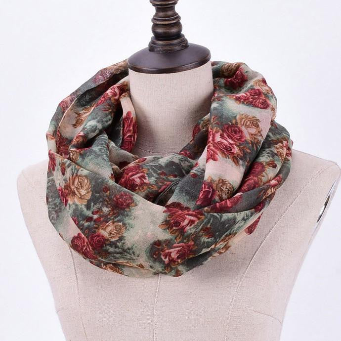 Warm Women Flower Loop Scarf Female Small Rose Print Chevron Ring Scarves Plants Infinity Shawl Wrap