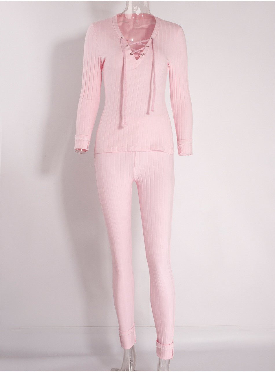 Pink Long sleeve Jumpsuit Women Bodysuit Jumpsuits Deep V-Neck Lady Jumpsuit Rompers