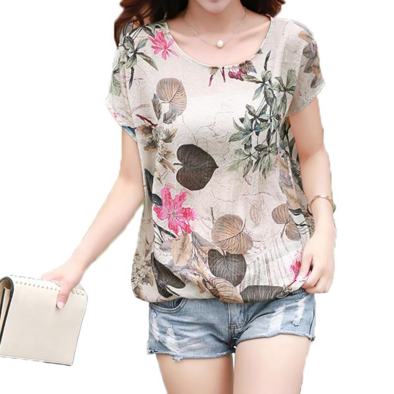 Online discount shop Australia - Elegant Floral Print Blouse Cotton Linen Women Shirts  Ladies Tops Casual Camisa Loose Chemise Femme Plus Size