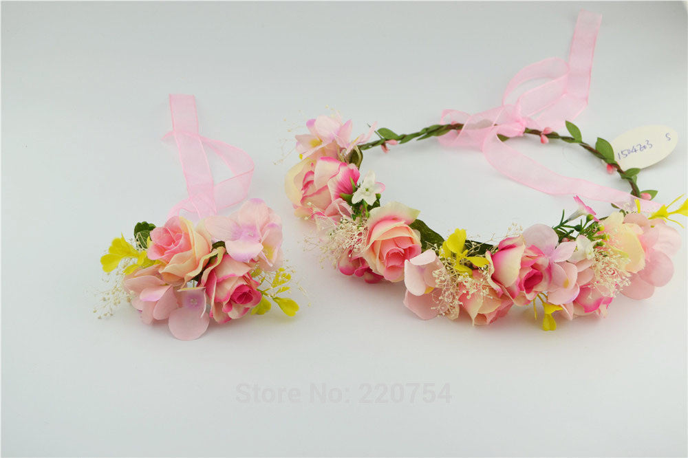 2pc/set Women Wedding Rose Flower Wreath headband and wrist Kids Party flower crown and Bracelet with Ribbon Adjustable garlands - CelebritystyleFashion.com.au online clothing shop australia