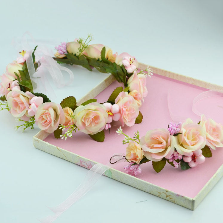 2pc/set Women Wedding Rose Flower Wreath headband and wrist Kids Party flower crown and Bracelet with Ribbon Adjustable garlands - CelebritystyleFashion.com.au online clothing shop australia