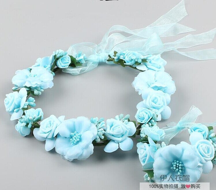 2pc/set Women Wedding Rose Flower Wreath headband and wrist Kids Party flower crown and Bracelet with Ribbon Adjustable garlands - CelebritystyleFashion.com.au online clothing shop australia