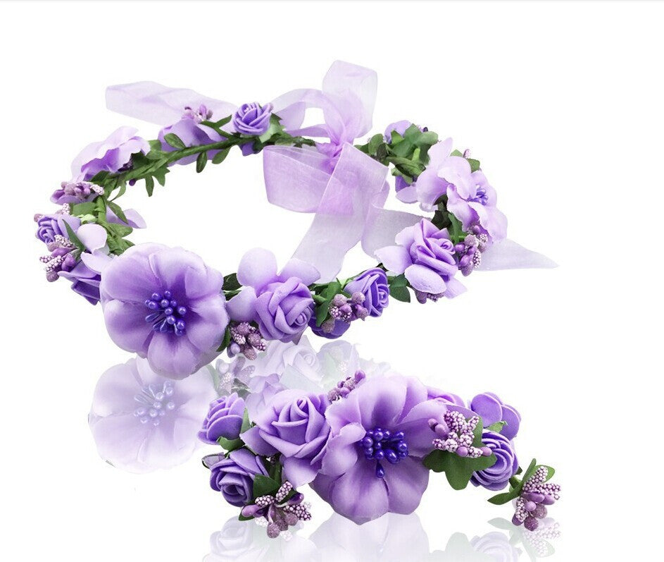 2pc/set Women Wedding Rose Flower Wreath headband and wrist Kids Party flower crown and Bracelet with Ribbon Adjustable garlands - CelebritystyleFashion.com.au online clothing shop australia