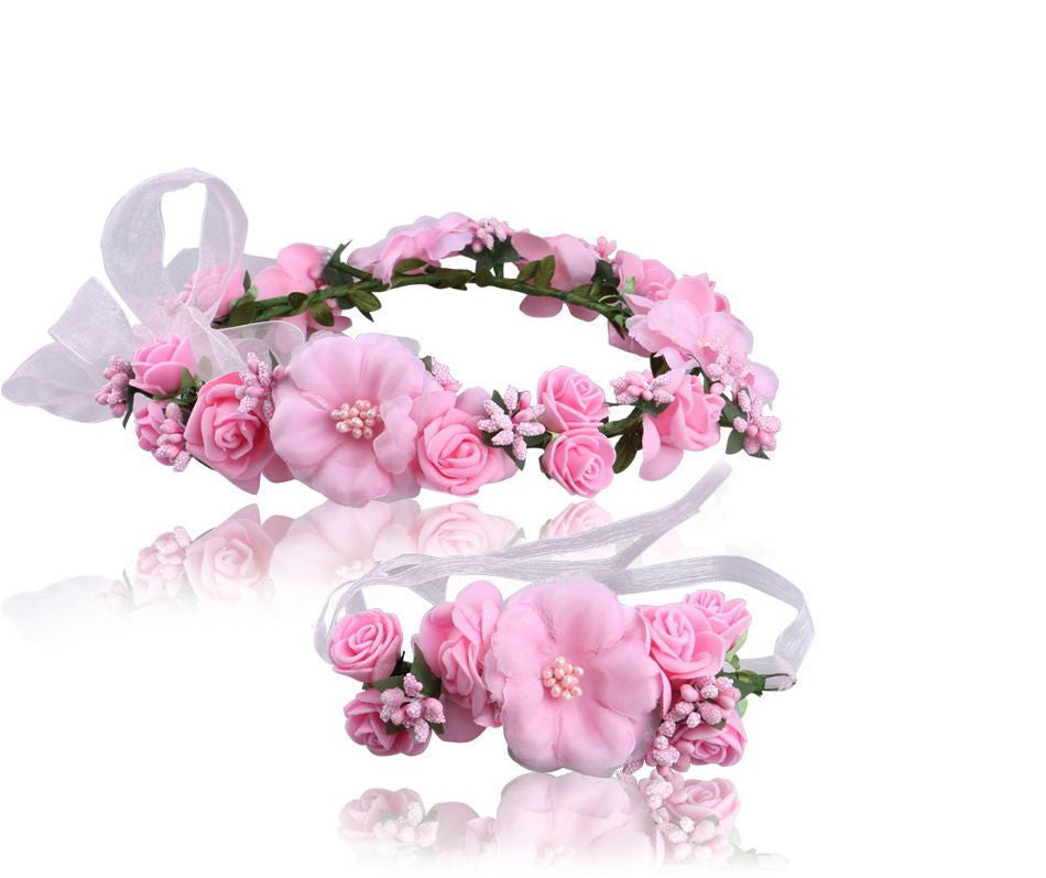 2pc/set Women Wedding Rose Flower Wreath headband and wrist Kids Party flower crown and Bracelet with Ribbon Adjustable garlands - CelebritystyleFashion.com.au online clothing shop australia