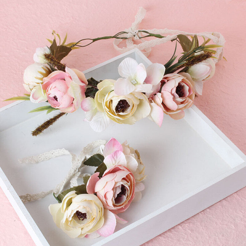 2pc/set Women Wedding Rose Flower Wreath headband and wrist Kids Party flower crown and Bracelet with Ribbon Adjustable garlands - CelebritystyleFashion.com.au online clothing shop australia